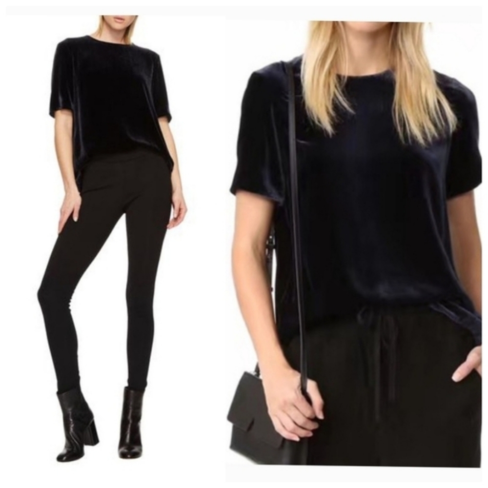 Vince Navy Blue Viscose & Silk Velvet Velour Short Sleeve Soft Luxury Boxy Top S